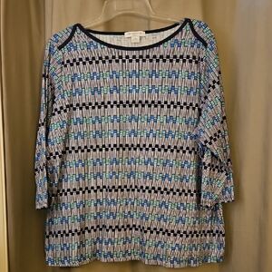 Liz Claiborne Navy, Blue and Teal Geometric 3/4 Sleeve Top 1x